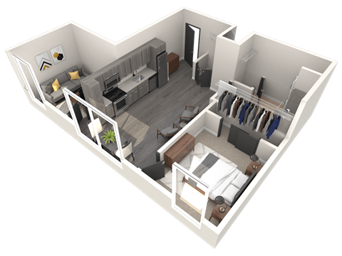 Floor plan for 1 bed, 1 bath, 719 sqft
